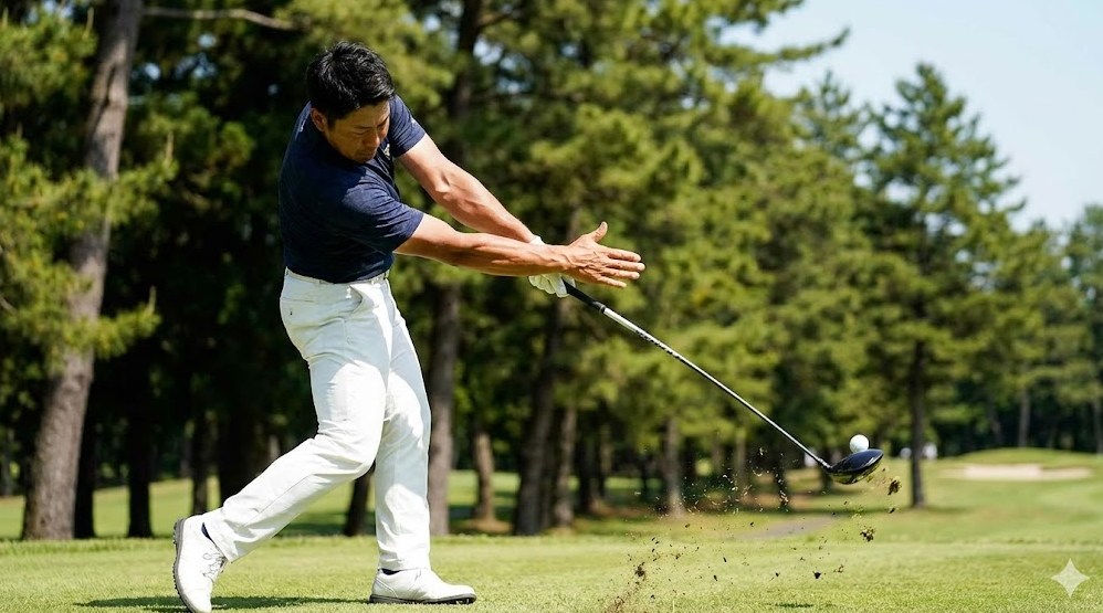 右手を添えるだけの感覚でスイングを安定させる